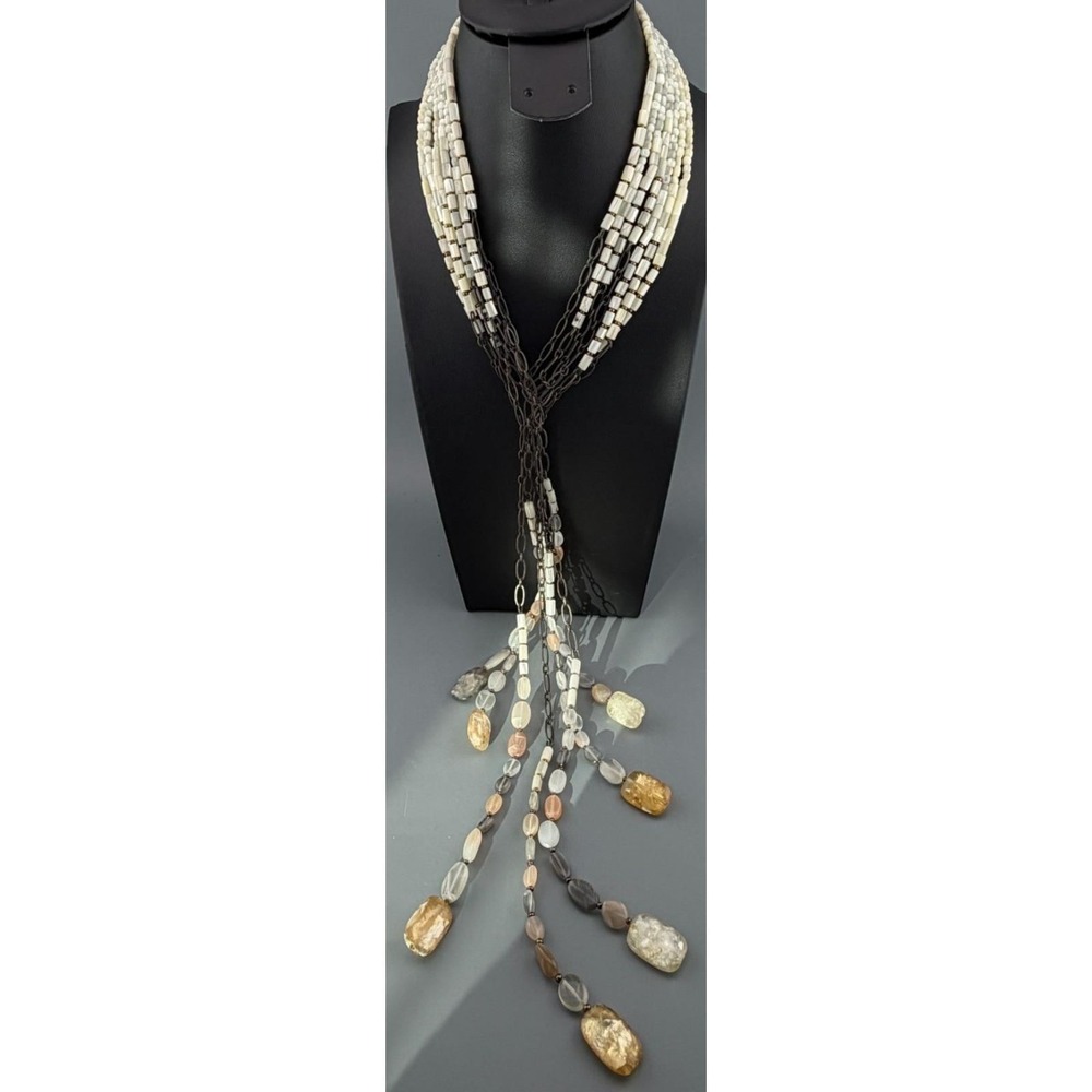 Vintage Jay Strongwater Necklace Multi-Strand Mother-of-Pearl and Glass Y-Drop